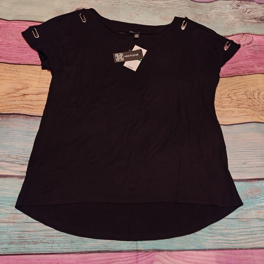 Cable & Gauge Black Short Sleeve Tee with Grommet Details